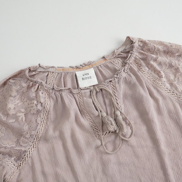 Knox Rose Long Sleeve Blouse Top Women Size S Rayon Dusty Pink Laced Boho Flowy - Picture 2 of 11